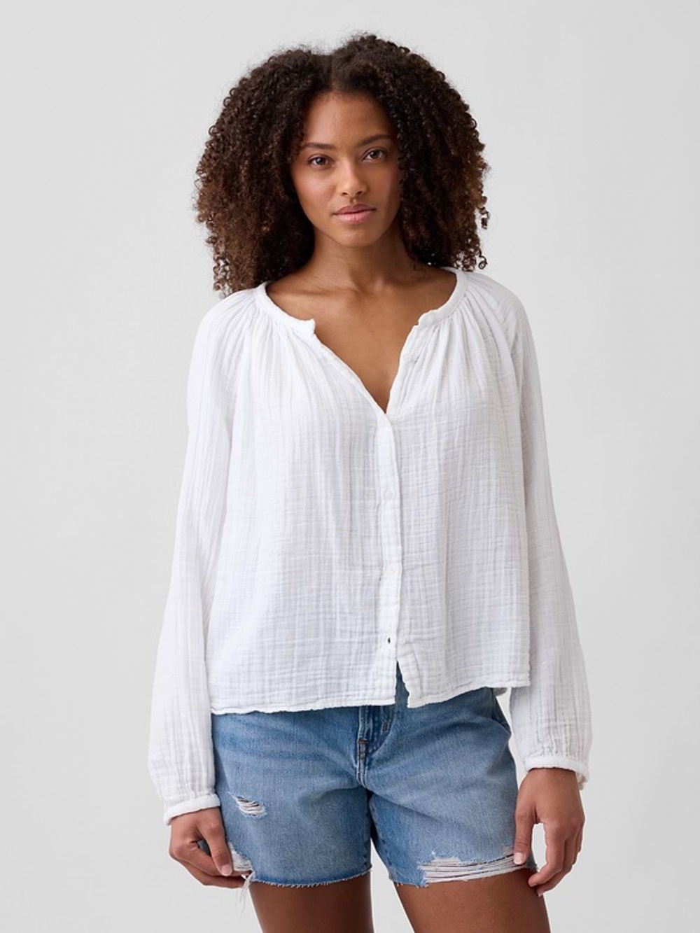 Gap Oversized Gauze Top White Lightweight Button-Front Cotton Blouse